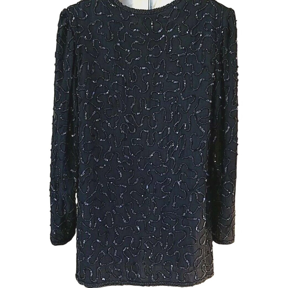 Valerie Stevens Black Beaded Sequin Silk Jacket 6 Art Deco Formal Evening Wear - Picture 4 of 9